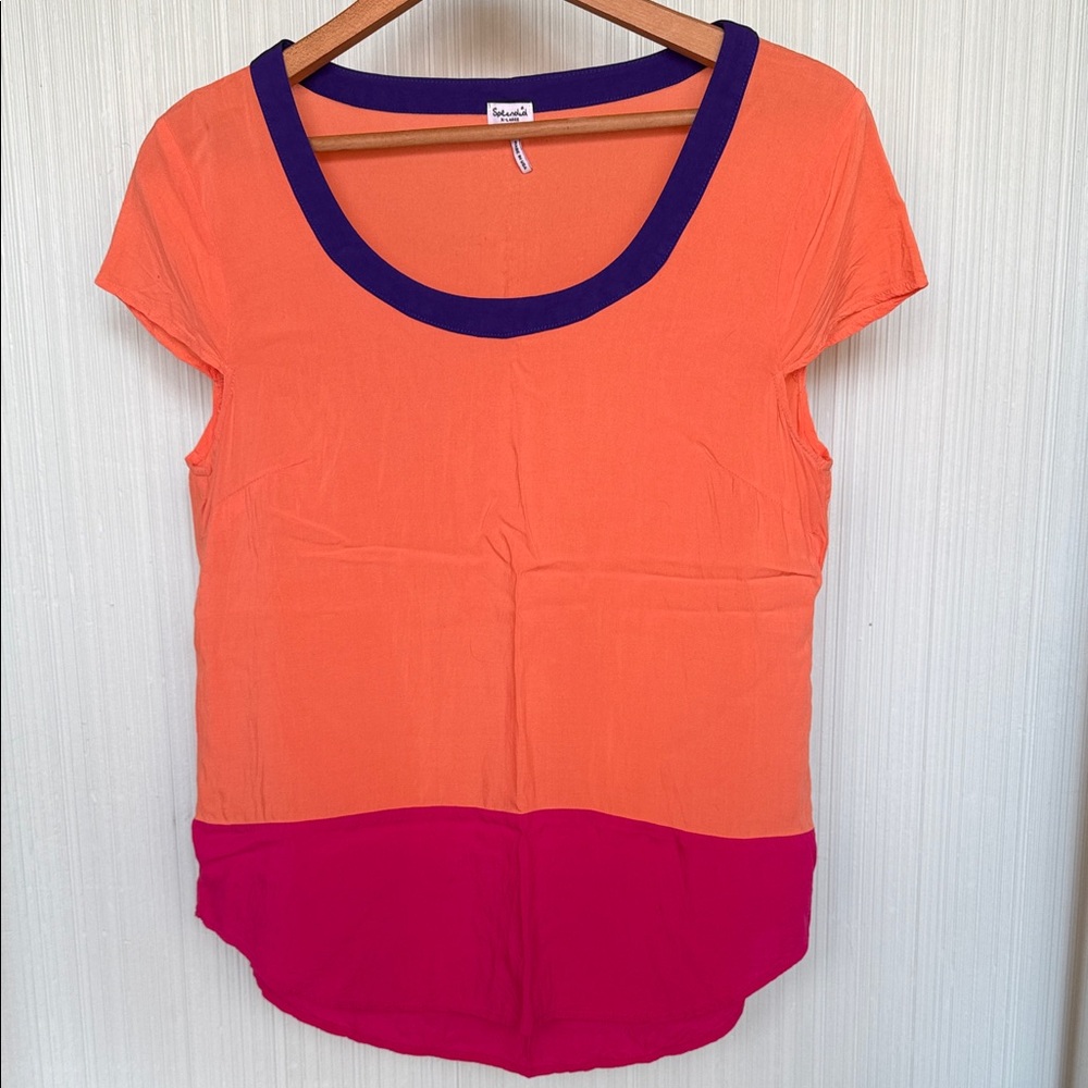 100% Rayon Splendid Vivid Orange & Pink Colorblock Scoop Neck Cap Sleeve Tee